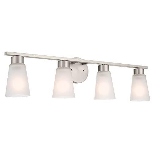Image of Kichler Stamos 4-Light Bathroom Vanity Light Fixture with Satin Etched Glass Shades, 26 in Modern Wall Light in Brushed Nickel for Bathroom Mirror (26 in x 8 in x 5 in), 55122NI