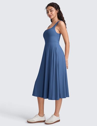 Image of CRZ YOGA Cloudweight Double Lined Square Neck Midi Dresses for Women Casual Summer Sleeveless Outfits with Side Pockets