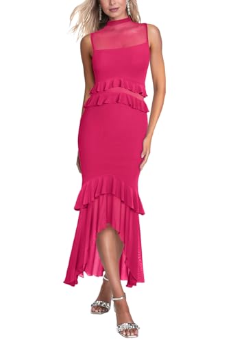 Image of Aisbei Women's Elegant Bodycon Maxi Dress Mock Neck Sleeveless Mesh Ruffle Dress Party Cocktail Formal Wedding Guest Dresses