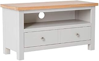 Farrow Grey Small TV Unit | Roseland Furniture 90 cm Painted Solid Wood Oak Top Television Cabinet Stand Suitable for TVs up to 40 inches for Living Room or Bedroom, Fully Assembled