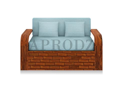 Image of APRODZ Solid Sheesham Wood Sofa Cum Bed 2 Seater Velevt Fabric with Turquoise Upholstery & Cushion Perfect Sofa Furniture for Home Living Office Room and Guests (Honey Finish 75x51x30-Inch)