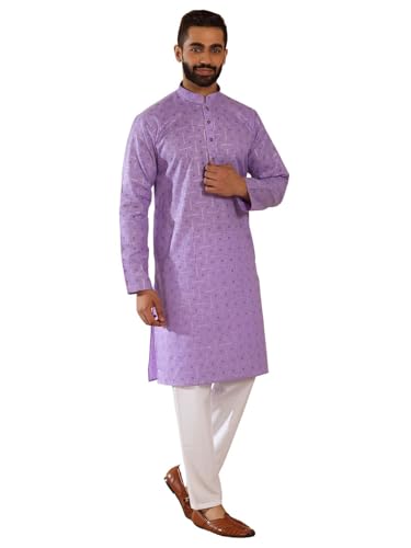 Image of KRAFT INDIA Men's Cotton Blend Geometric Printed Straight Long Regular Kurta and Elastic Waistband Pyjama Set