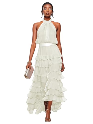 Chiffon Halter Long Bridesmaid Dresses for Women 2025 A Line Tiered Tea Length Wedding Guest Dress LB139