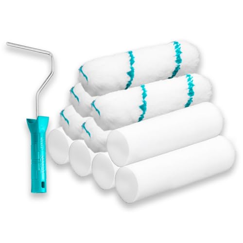 TOTAL - 10-teiliges Farbroller-Set mit Halterung - 5 Schaumstoff- und 5 Mikrofaserrollen für Wände und Decken - 100 mm Tropffrei - Für Glatte und Mittlere Flächen - Innenanstriche