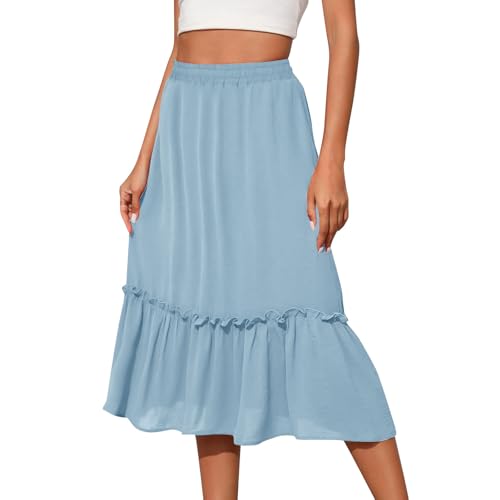 TANGNADE Women Skirts Midi Length Elastic Waist Trendy Summer Flowy Swing Ruffle A-line Tiered Office Wear Skirt Dress