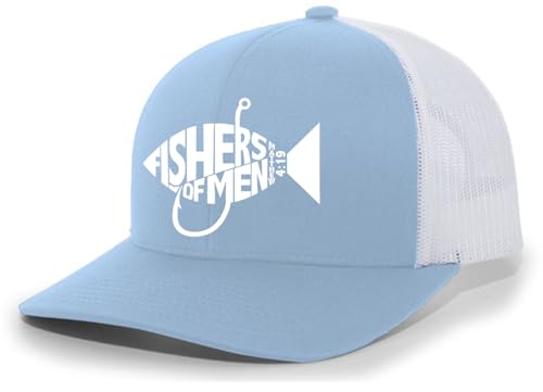 Christian Jesus Fishers of Men Matthew 4:19 Mens Embroidered Mesh Back Trucker Hat Columbia Blue/White