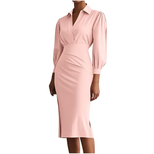 Women Fashion Solid Color Long Sleeve V Neck Knee Business Length Dress, Long Sleeve Bodycon Midi Dress, Office Lady Dresses (Pink,Medium)