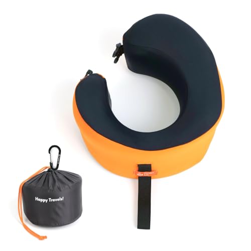 Image of C CUSHION LAB Travel Pillow, Award-Winning Patented Ergonomic Design for Chin & Neck Support Memory Foam Neck Pillow, Compact Airplane Pillow for Traveling, Flight, Car (Dynamic Orange, Large)