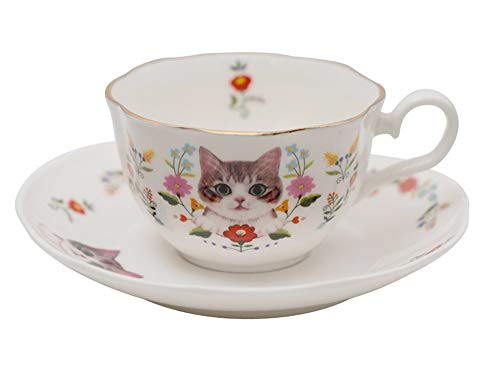 123Arts Ceramic Cat And Flower Coffee Mug Teacup Set With Saucer #TOP27