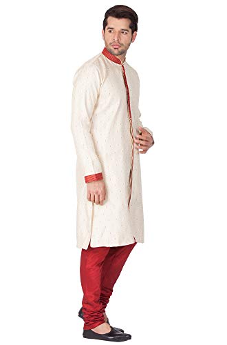 Image of VASTRAMAY Men's Beige Silk Blend Sherwani Set