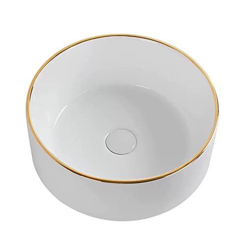 Durable Elegante lavabo de baño blanco, redondo sobre encimera, fregadero cerámica porcelana, for hotel, mueble tocador con desagüe emergente y decoración borde dorado Fácil de limpiar(36cmx10cm)