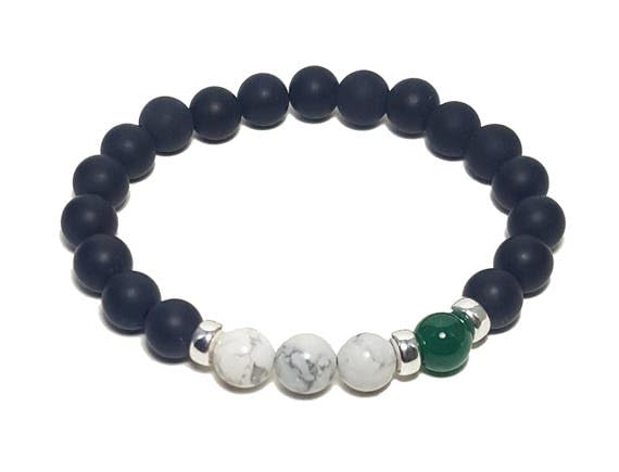 Bracelet en howlite, onyx noir et vert 8mm de 19 cm pour homme et femme