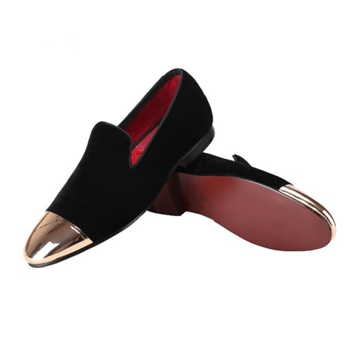 FERUCCI Handmade Men Plain Black Velvet with Gold Toe Slippers Loafers2