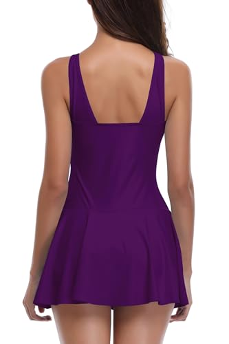 SHEKINI Damen Einteilige Badeanzug V-Ausschnitt Elegant Badeanzugkleid Badekleid Schwimmrock Retro Ruched Bauchweg Schwimmkleid Baderock Tankini（M，A-dunkellila） 2