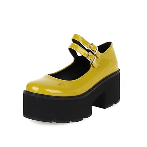 Women's Patent Leather Platform Mary Jane Shoes,Retro Round Toe Two-Strap Buckle Low Heel Chunky Pumps Lug Sole Dress Shoes