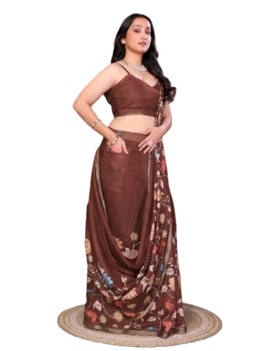Image of SAMANTHA Black Floral Print Ready to Wear Linen Saree with Pocket & Adjustable Belt