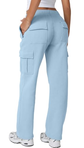 Image of QINSEN Baggy Medium Waist Elastic Sweatpants for Womens Casual Long Fleece Cargo Pants with Pockets