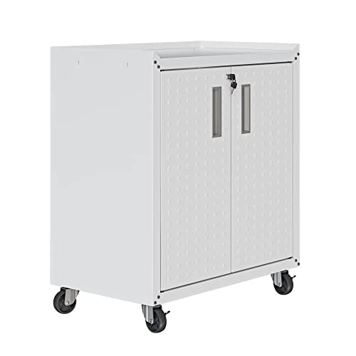 Image of Manhattan Comfort Fortress Rolling Garage Storage Cabinet with 2 Adjustable Shelves, Lockable Metal Tool Compartment, Heavy-Duty Mobile Utility Organizer with Wheels, White