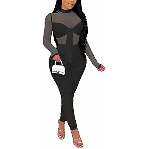 Mintsnow Women's Sexy Mesh See Through Bodycon Jumpsuits Party Club Outfits Long Sleeve Tie Up Ruched Skinny Long Jumpsuit Clubwear Black L Cover