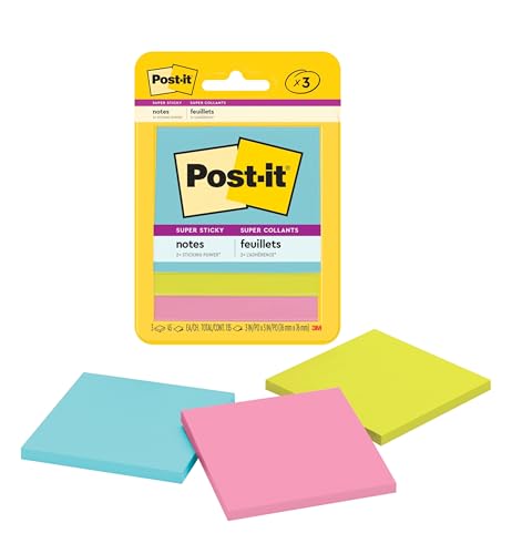 Post-it Super Sticky Notes, 3x3 in, 3 Pads, 2X The Sticking Power, Supernova Neons, Bright Colors, Recyclable (3321-SSMIA)