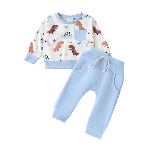 Douhoow Baby Boy 2Pcs Fall Outfits Long Sleeve Dinosaur Print Sweatshirt + Pants Set Toddler Clothes (Blue, 2-3T)