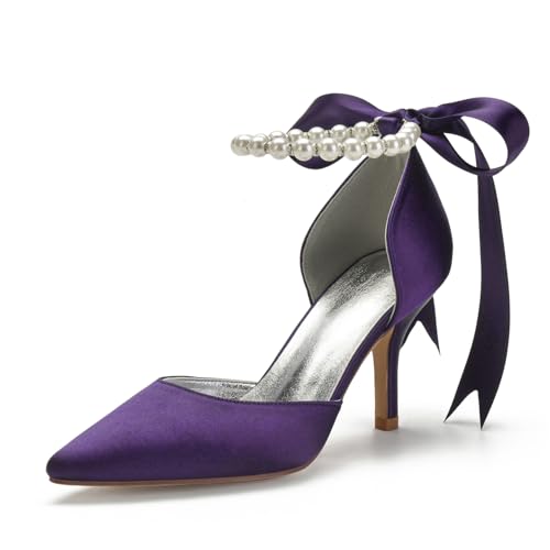 Image of Women's Pearl White Wedding Shoes for Bride High Heels Pointed Toe Bridal Shoes Satin Prom Party Dress Pumps Sandals