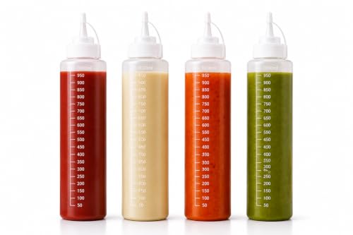 Image of 1000ML Squeeze Bottle Pack of 4, Food Grade Plastic Condiment Dispenser Bottles with Measurement Marking, Leakproof Sauce Bottle for Ketchup, Mayonnaise, Oil, Vinegar, Chutney, Syrup & Salad Dressing