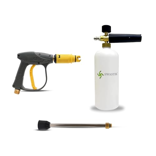 Image of SWASTIK Pressure Washer Spray Gun with Lockable Handle, 1L Foam Cannon & Extension Rod, Adjustable Nozzle Car Wash Kit, Compatible with STARQ, VANTRO, AGARO & Shakti (Yellow Gun)