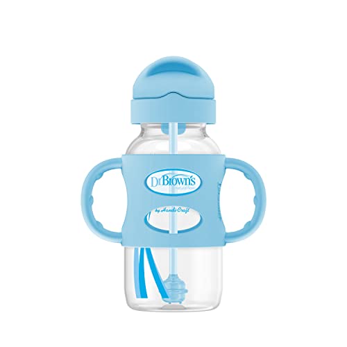 Image of Dr. Brown's Milestones Wide-Neck Sippy Straw Bottle with 100% Silicone Handles and Weighted Straw, 9 oz/270 mL, Blue, 6m+