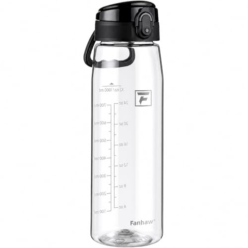 Fanhaw 32 oz Clear Plastic Water Bottle BPA Free Leakproof Tritan Sports Water Bottle with Chug Lid Wide Mouth Reusable Bottle for Gym Travel School & Office (Clear & Black)