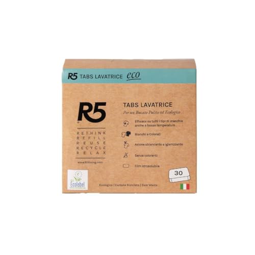 R5, Eco Tabs Lavatrice, 30 Pastiglie per la Lavatrice, con Tensioattivi di Origine Vegetale, Senza Coloranti, Certificate Ecolabel, Made in Italy