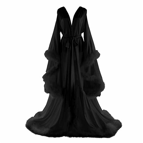 Daily Life Mall Women's Feather Bridal Robes Old Hollywood Maternity Photoshoot Nightgown Silk Bathrobe Long Lingerie - X-Large - H-black