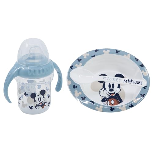 Stor Coffret cadeau Disney Mickey Mouse pour enfants, sans BPA, avec bouteille, bol et cuillère, lavable et réutilisable