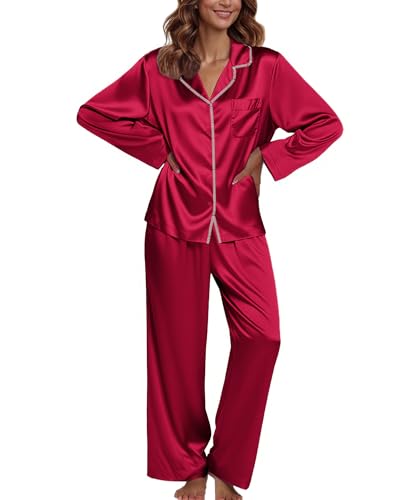 Image of Ekouaer Pajamas For Women Set Silk Pjs 2 Piece Satin Sleepwear Long Sleeve Button Down Lounge Sets With Pant