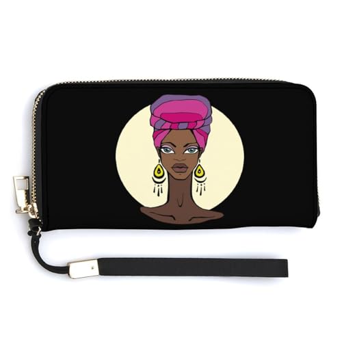 African Beautiful Woman Leather Wallet Fashion Bifold Purse Long Pouch with Wrist Strap for Men Women