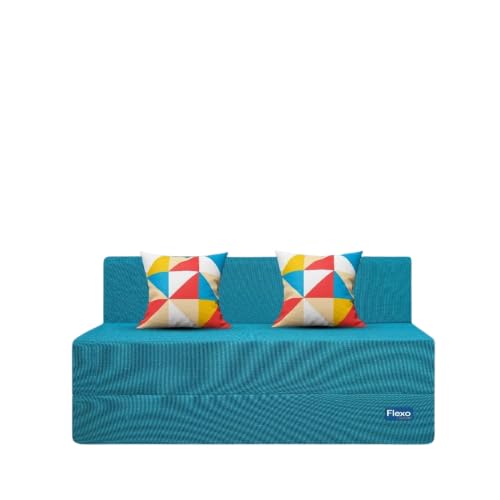 Image of Starlon 3 Seater Sofa Cum Bed Foldable 3-in-1 Sofa Bed with 1 Year Warranty, Washable Jute Fabric Cover & 2 Geometrical Pillows | Aqua Teal 5x6 Ft