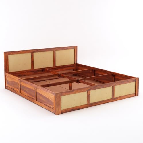 Image of Sheesham Wood King Size Cane Bed with Box Storage | 1 Year Warranty | Wooden Double Cot Palang for Bedroom & Living Room Furniture (Honey Finish)