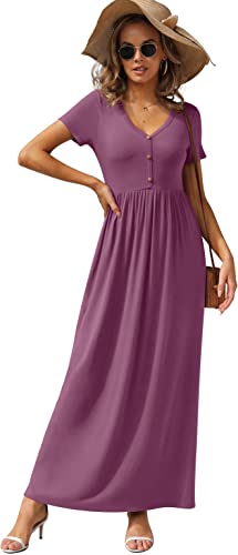 Image of GRECERELLE Womens Summer Long Maxi Dresses 2026 Short Sleeve V Neck Casual Button Dress with Pockets