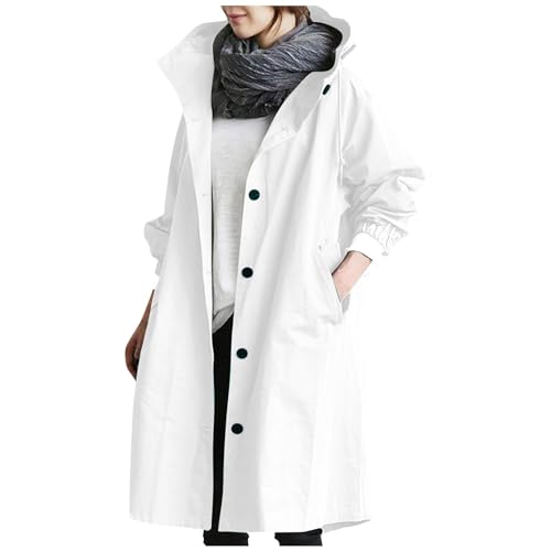 Gabardina Mujer Entretiempo Gabardina Chaqueta Mujer de Lluvia con Capucha Portable Ligera Moda Cazadora Talla Grande Deporte Exteriores Parka Resistente Al Agua Raincoat(Blanco,L)