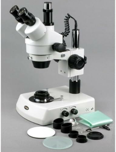 Image of AmScope SM-2TZ-DK-10M Digital Professional Trinocular Stereo Zoom Microscope, WH10x Eyepieces, 3.5X-90X Magnification, 0.7X-4.5X Zoom Objective, Upper and Lower Halogen Lighting, Pillar Stand, 110V-120V, Includes Darkfield Condenser, 0.5X and 2.0X Barlow Lenses, and 10MP Camera with Reduction Lens and Software