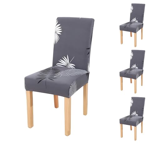 Image of Dining Chair Covers Set of 4, Stretchable Removable Washable Anti-Slip Universal Fit Printed Polyester Spandex Slipcovers (Grey Leaf)