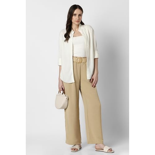 Image of Van Heusen Women's Regular Fit Mid Rise Belted Casual Wide Leg Pants