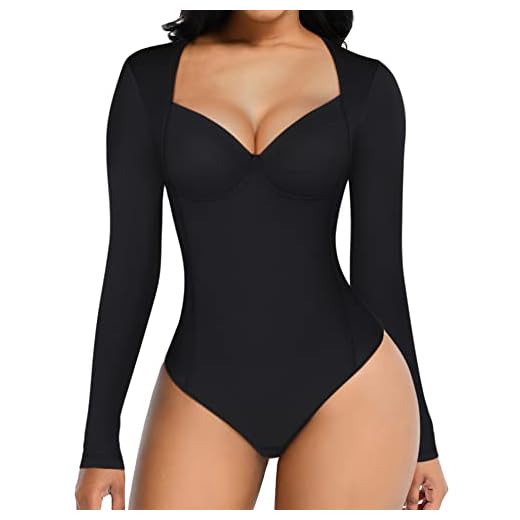 FeelinGirl Long Sleeve Bodysuit for Women-Tummy Control Shapewear 2023 Fashion Top Square V Neck Leotard Basic Jumpsuits Clothing Black
