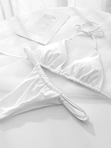 Shein Women's Sexy 2 Pcs Ruched Triangle Bikini Bra With Thong Swimsuit Sets White Small #TOP2