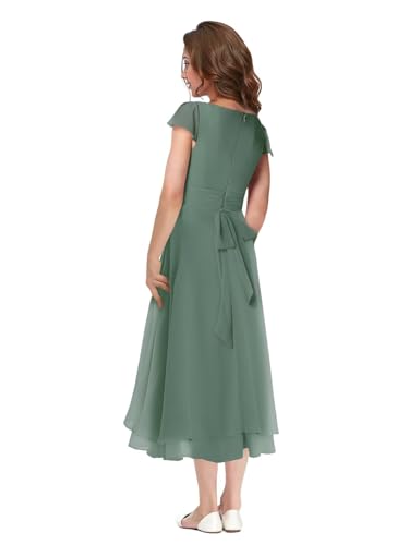 MCieloLuna Summer Short Sleeve Junior Bridesmaids Dresses for Wedding Boho Flowing Chiffon Formal Evening Midi Dress2