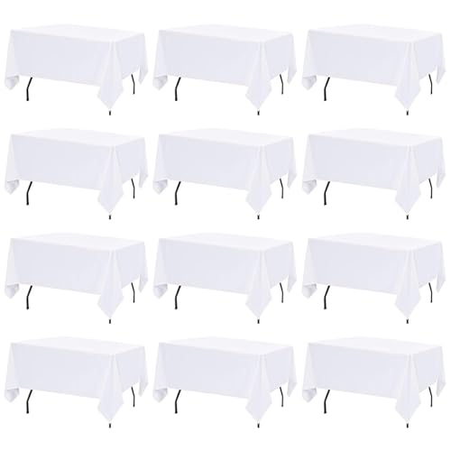 12 Pack White Table Cloth Rectangle Table Cloths for 6 Foot Rectangle Tables 60 X 102 Inch Washable Polyester Table Covers, Reusable & Wrinkle Resistant for Weddings, Parties, Events, and Everyday Use
