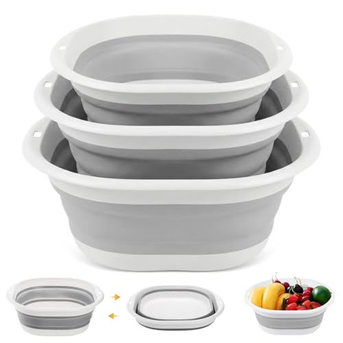 Image of HASTHIP Silicone Collapsible Tub Bucket Set, Portable Wash Basin for Handwash, Outdoor Basin for Washing, Foldable Bucket with Hanging Holes, Portable Sink for Washing Fruit & Vegetables (3Pcs)