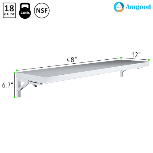 Image of AmGood Stainless Steel Folding Wall Shelf 12 in. x 48 in. | NSF | Concession Stand, Food Truck, Kitchen, Restaurant, Garage, Laundry, Utility Room