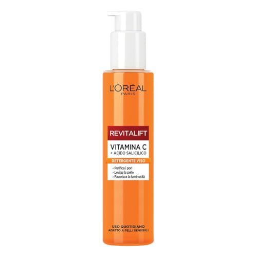 L'Oréal Paris Detergente Viso Purificante, Adatto a Pelli Sensibili, Azione Levigante e Uniformante, Pelle Morbida e Elastica, Con Vitamina C + Acido Salicilico, Revitalift, 150 ml