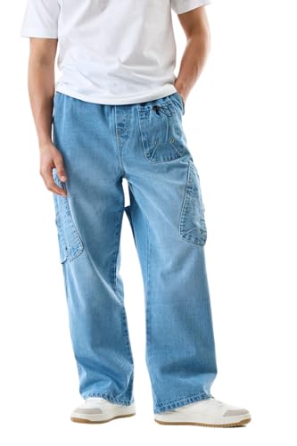 Image of SNITCH Men Cargo Pants | Relaxed Fit with Drawstring Closure & Multiple Utility Pockets | 100% Cotton Denim for Casual & Streetwear Styling
